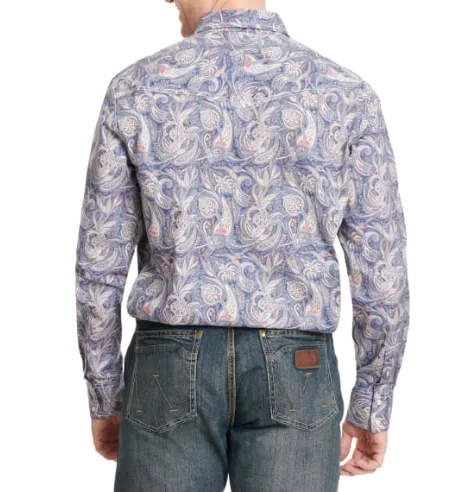 112346039 -Wrangler 20X Men's Denim Blue and Red Paisley Long Sleeve Western Shirt