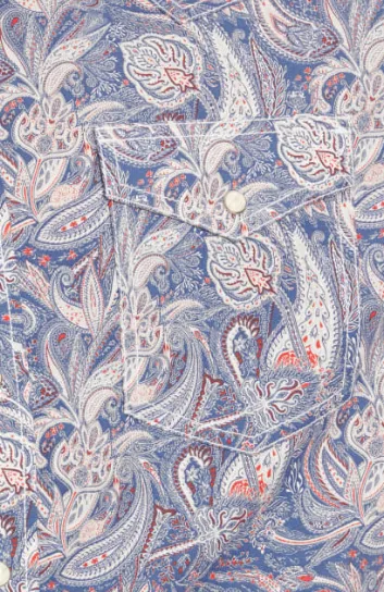 112346039 -Wrangler 20X Men's Denim Blue and Red Paisley Long Sleeve Western Shirt