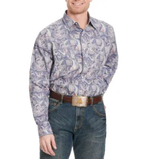 112346039 -Wrangler 20X Men's Denim Blue and Red Paisley Long Sleeve Western Shirt