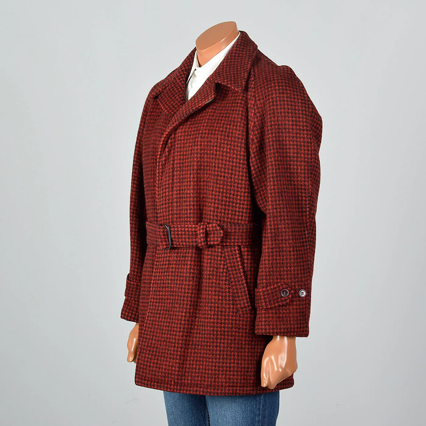1950s Men's Red Plaid Belted Winter Workwear Coat