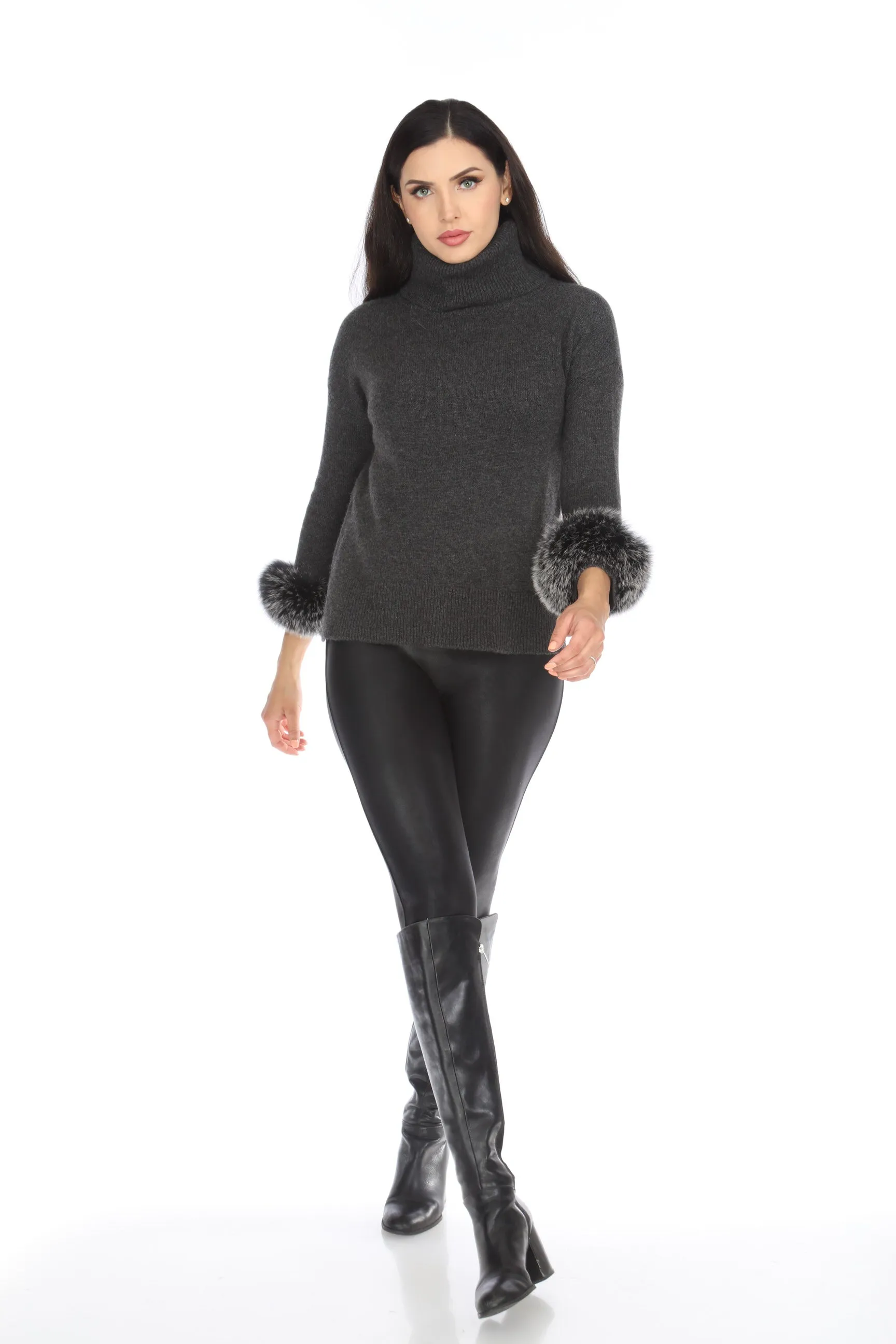 Alashan Luxe 100% Cashmere Quebec Fox Cuff Turtleneck Sweater LX2003