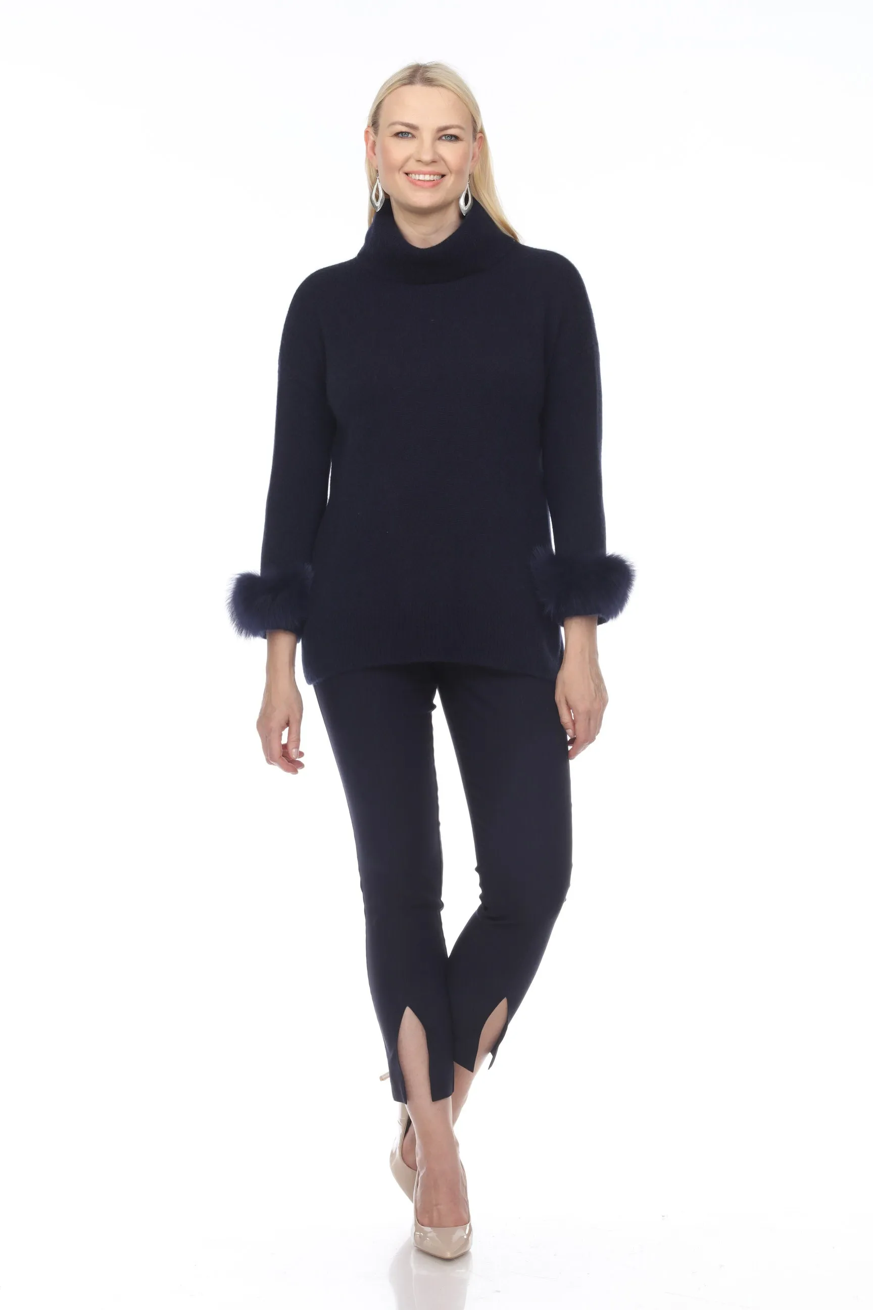 Alashan Luxe 100% Cashmere Quebec Fox Cuff Turtleneck Sweater LX2003