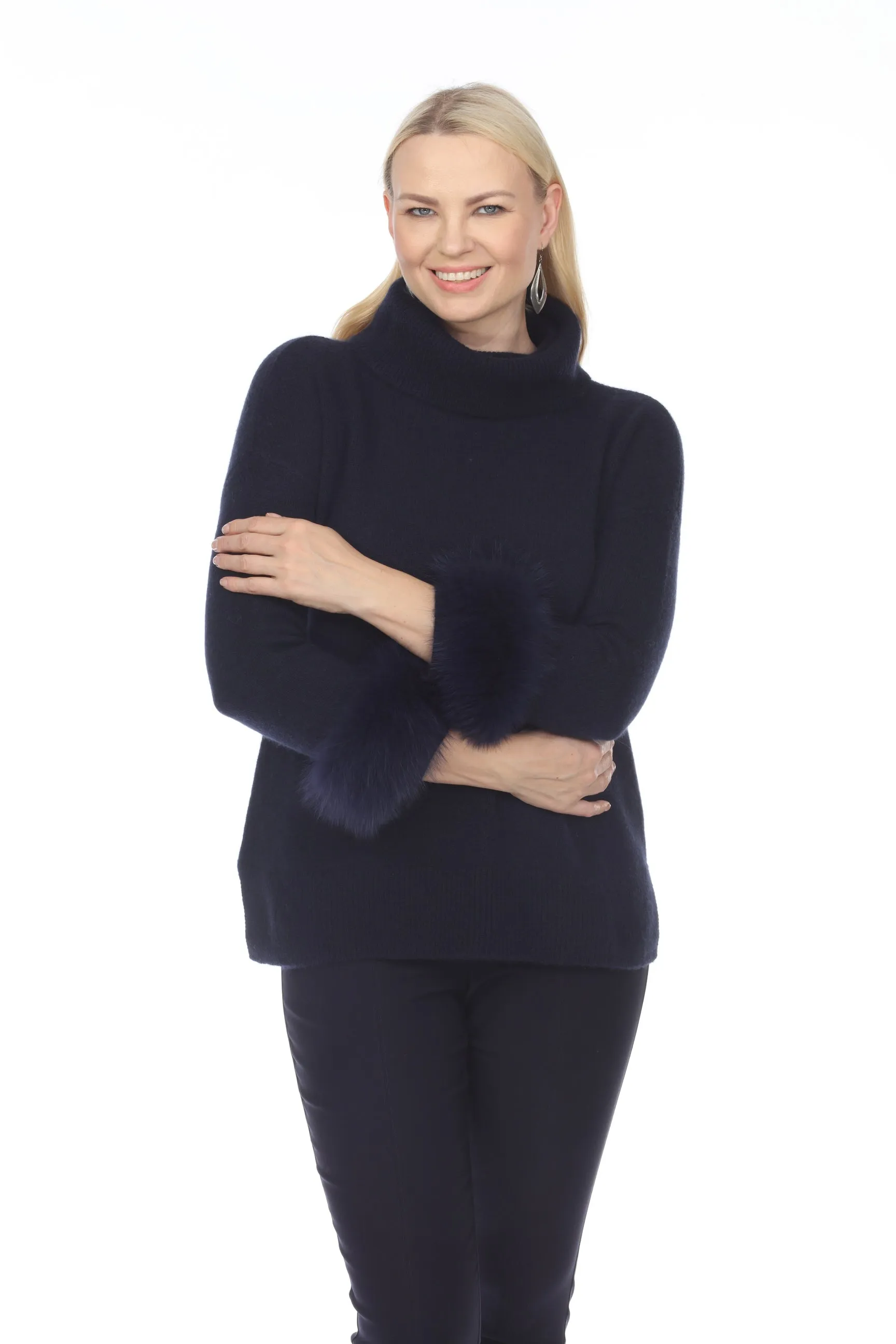 Alashan Luxe 100% Cashmere Quebec Fox Cuff Turtleneck Sweater LX2003