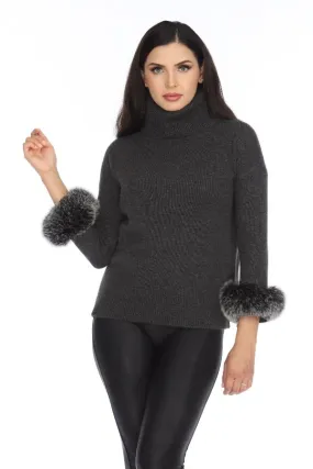 Alashan Luxe 100% Cashmere Quebec Fox Cuff Turtleneck Sweater LX2003