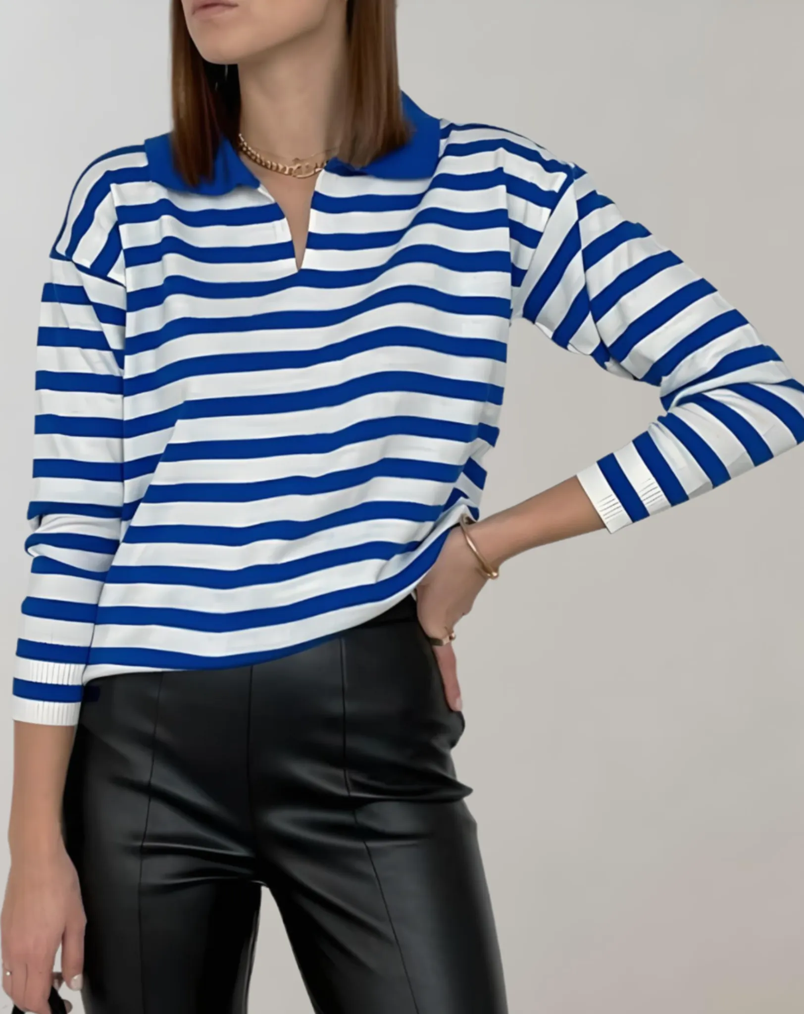 Arya - Women's Oversized Stripe Round Neck Polo Sweater