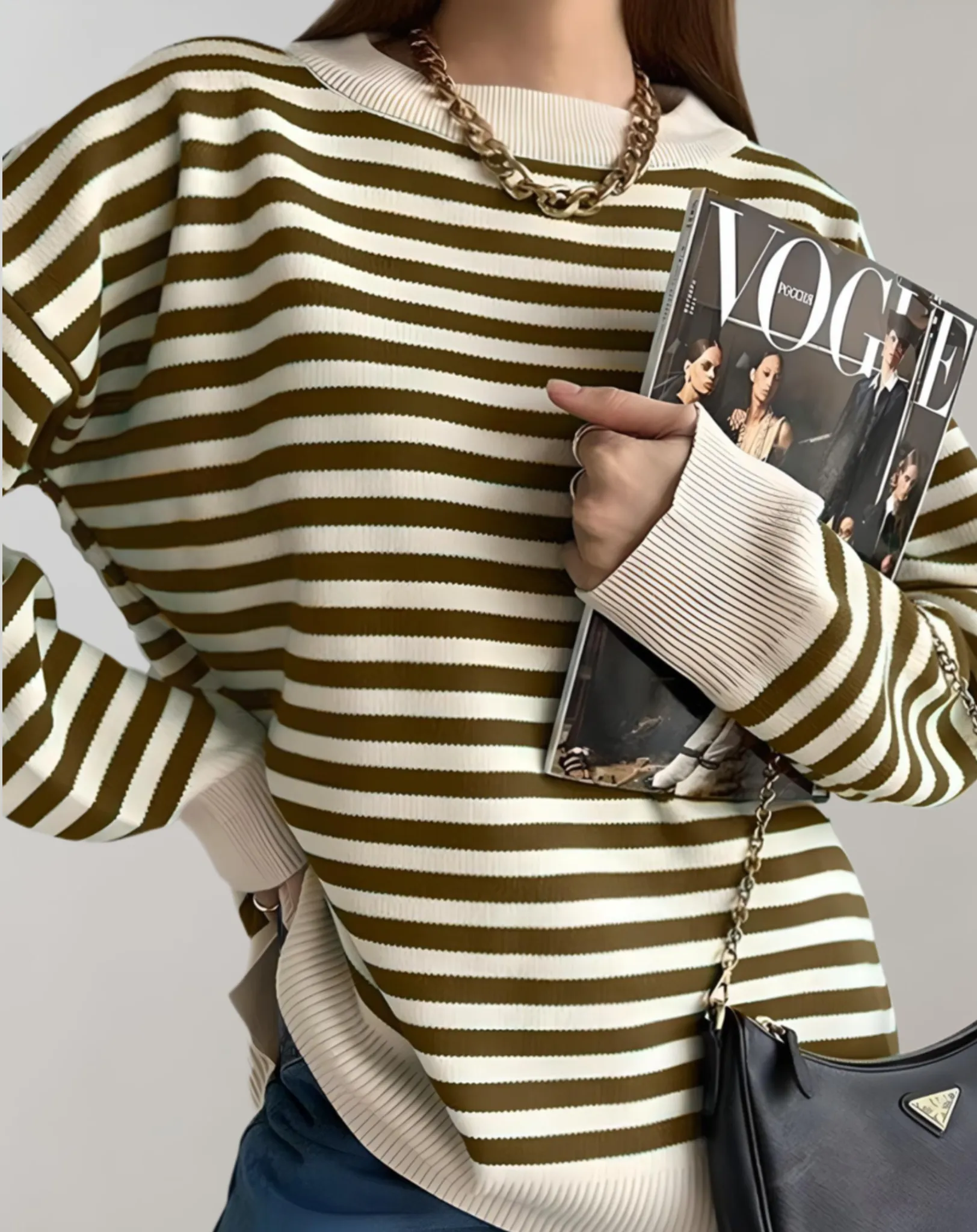 Arya - Women's Oversized Stripe Round Neck Polo Sweater