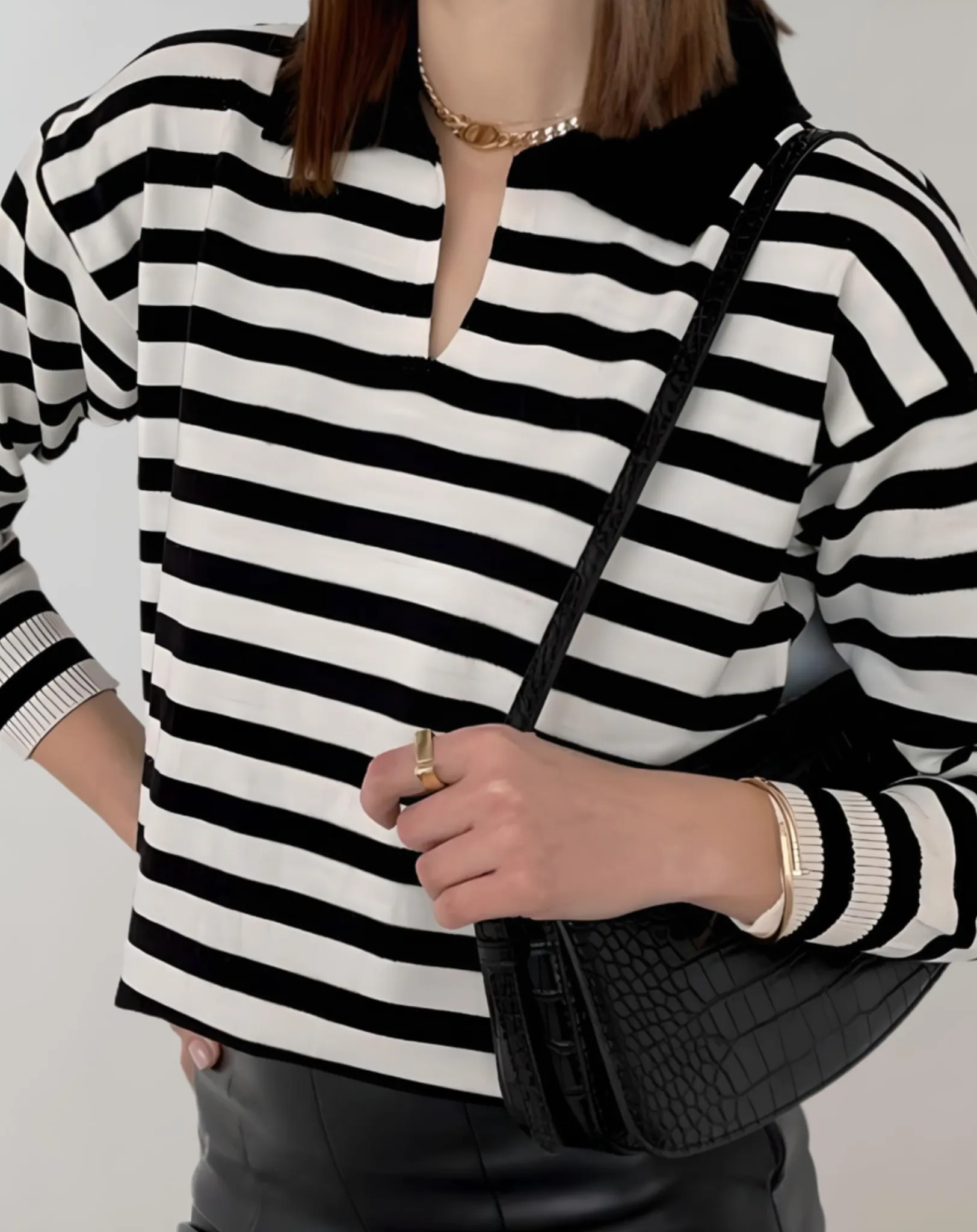 Arya - Women's Oversized Stripe Round Neck Polo Sweater