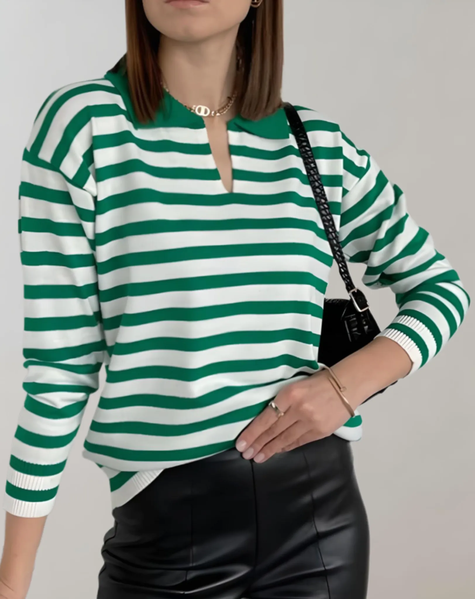 Arya - Women's Oversized Stripe Round Neck Polo Sweater