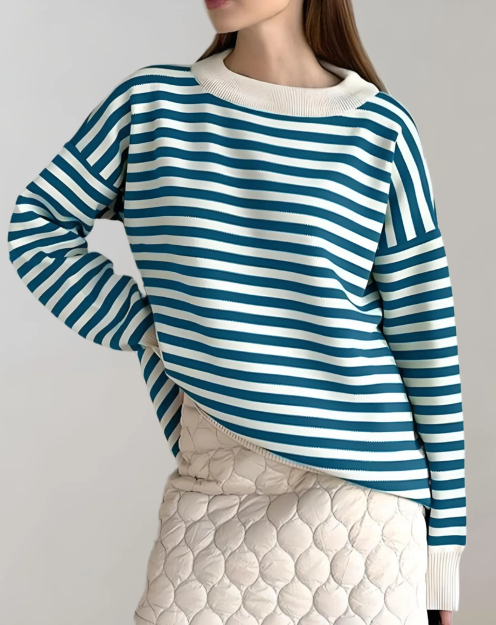 Arya - Women's Oversized Stripe Round Neck Polo Sweater