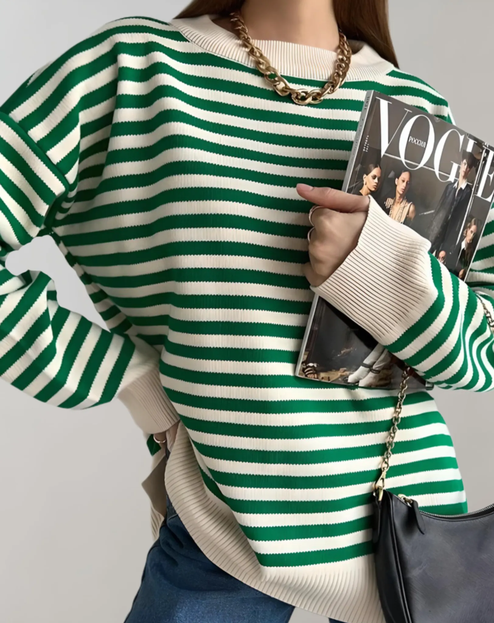 Arya - Women's Oversized Stripe Round Neck Polo Sweater