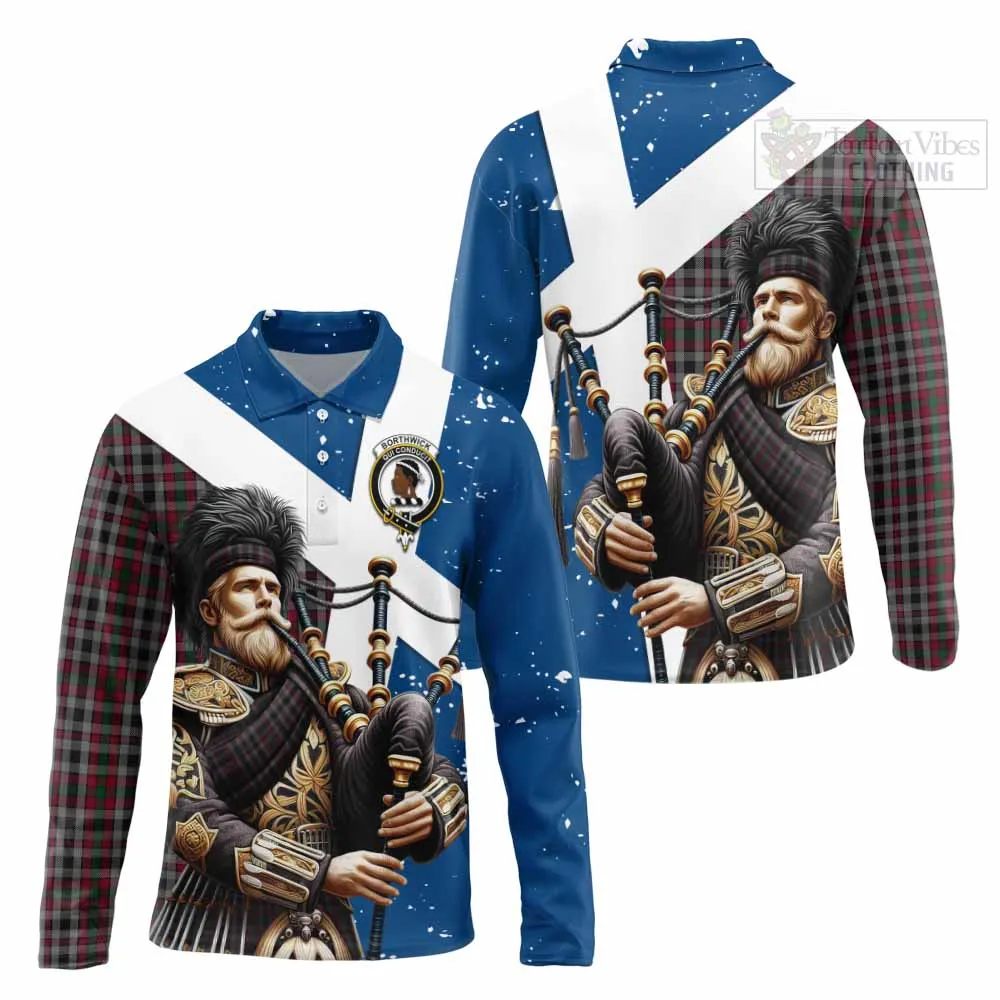 Borthwick Tartan Long Sleeve Polo Shirt with Family Crest Scottish Bagpiper Vibes