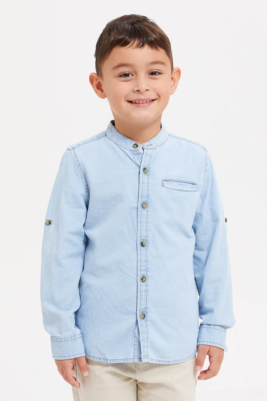 Boys Blue And White Denim Shirt With T-Shirt Set (2 Piece)