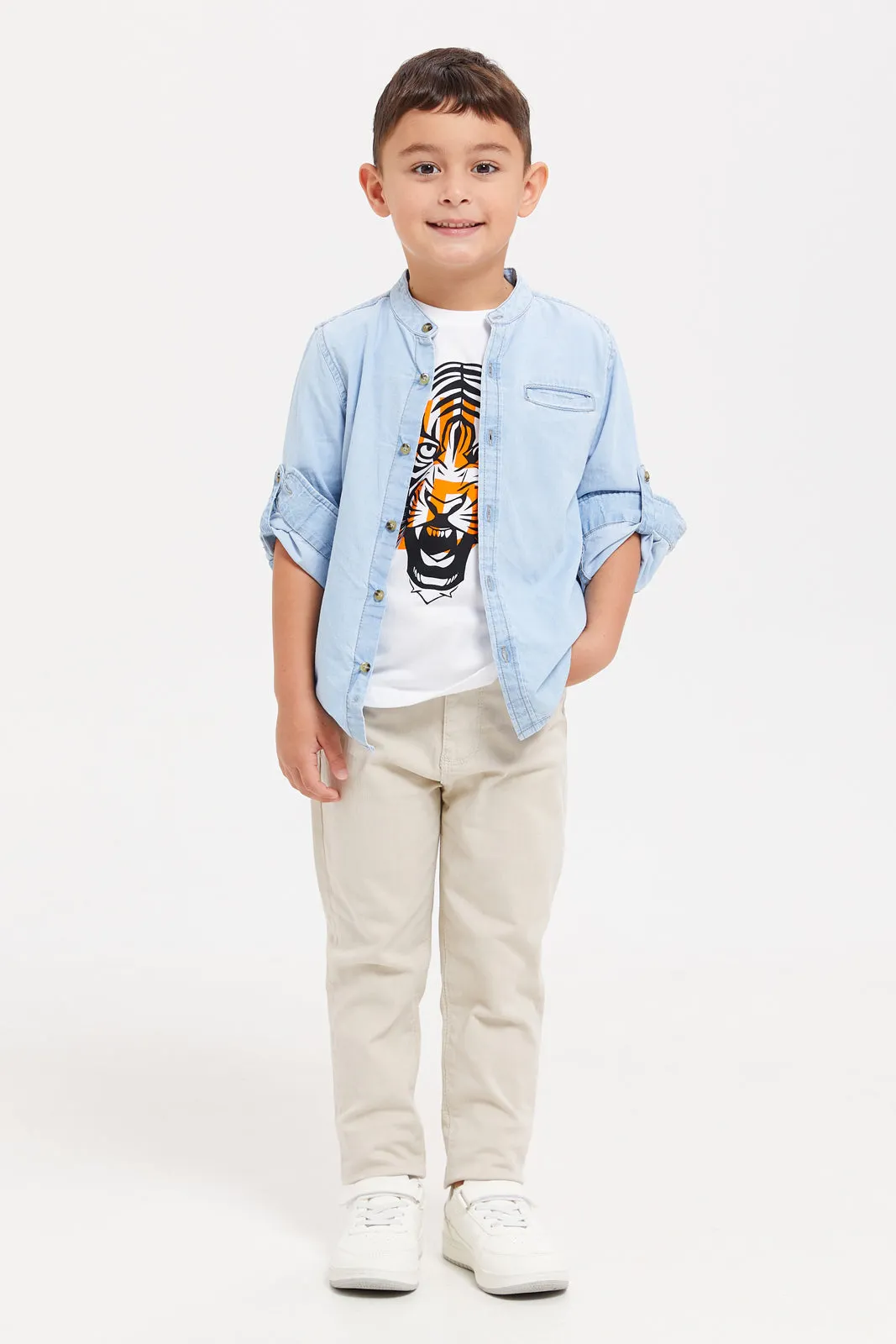 Boys Blue And White Denim Shirt With T-Shirt Set (2 Piece)