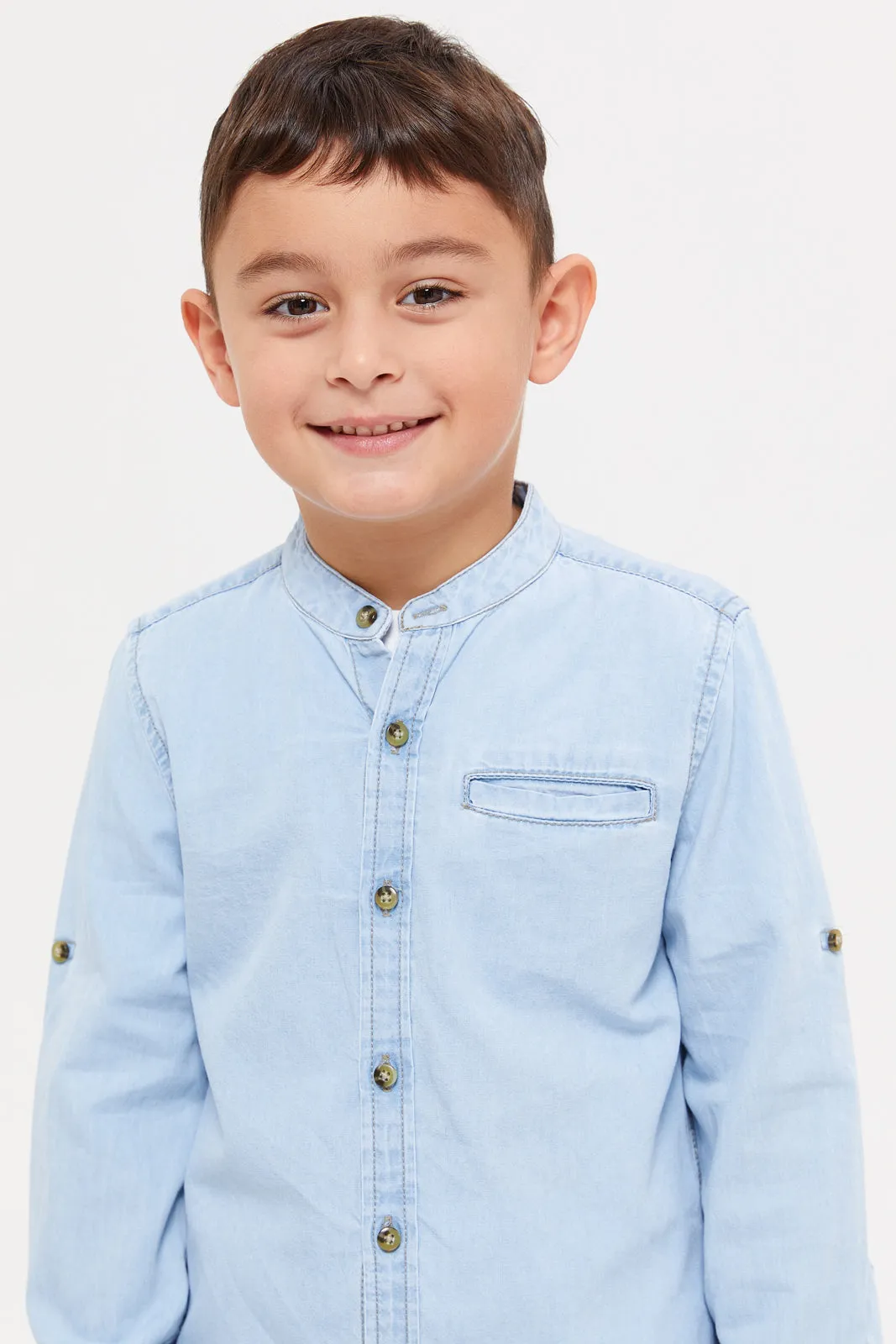 Boys Blue And White Denim Shirt With T-Shirt Set (2 Piece)