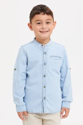 Boys Blue And White Denim Shirt With T-Shirt Set (2 Piece)