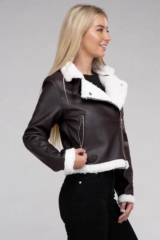Classic Fit Teddy Trimmed PU Jacket