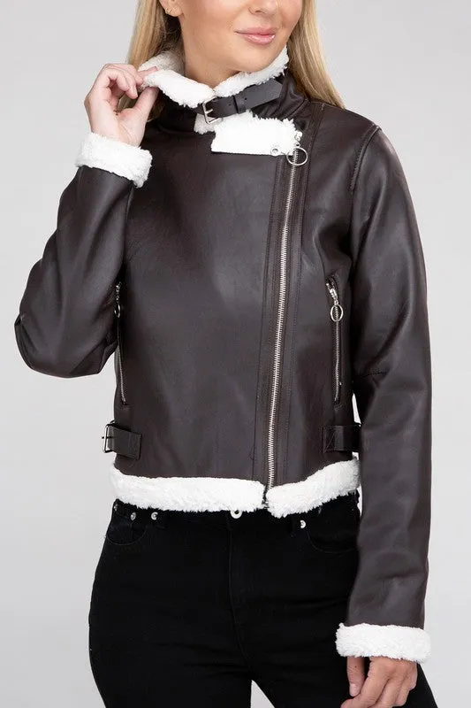 Classic Fit Teddy Trimmed PU Jacket