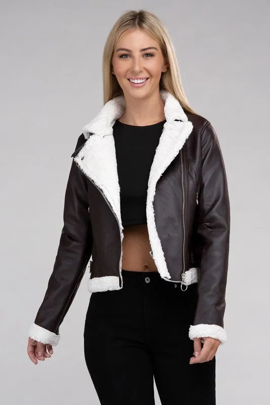 Classic Fit Teddy Trimmed PU Jacket