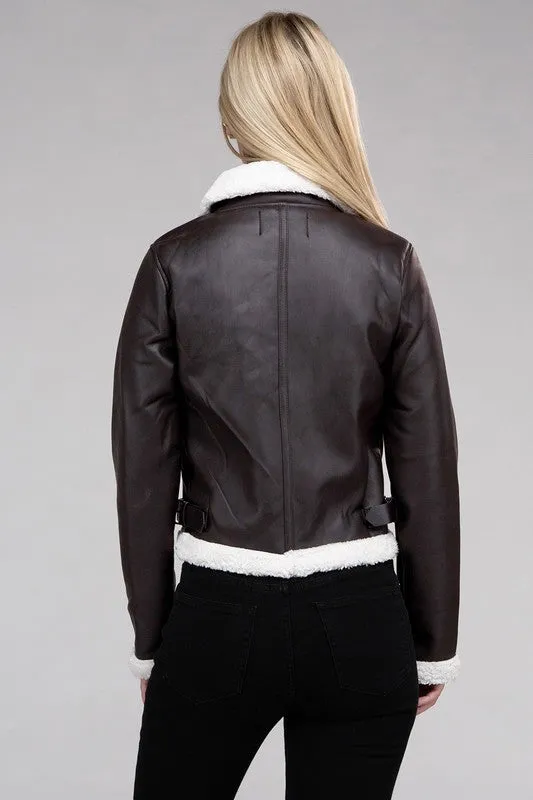 Classic Fit Teddy Trimmed PU Jacket