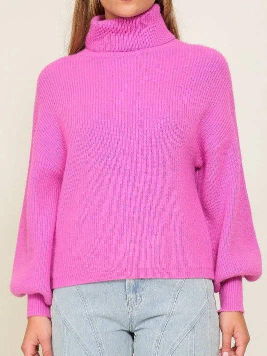 Fashion Fusion Rib Knit Turtleneck Sweater with Bishop Sleeves