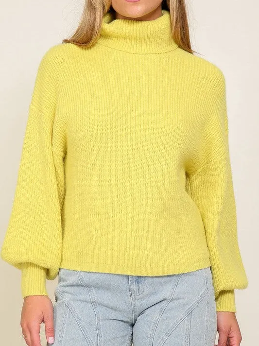 Fashion Fusion Rib Knit Turtleneck Sweater with Bishop Sleeves