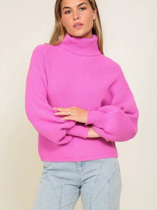 Fashion Fusion Rib Knit Turtleneck Sweater with Bishop Sleeves