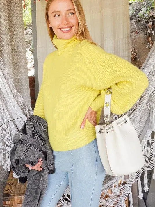 Fashion Fusion Rib Knit Turtleneck Sweater with Bishop Sleeves