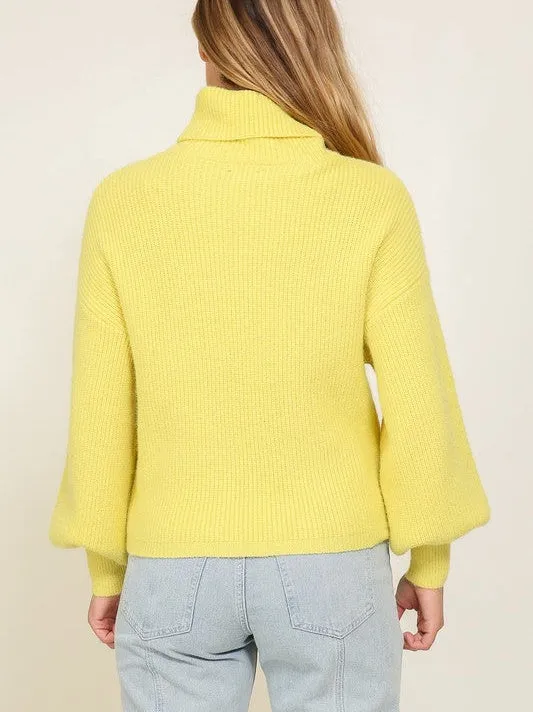 Fashion Fusion Rib Knit Turtleneck Sweater with Bishop Sleeves
