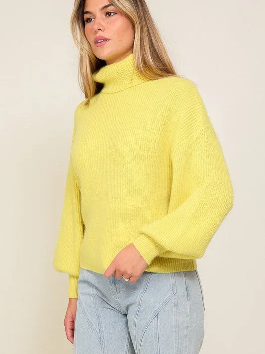 Fashion Fusion Rib Knit Turtleneck Sweater with Bishop Sleeves