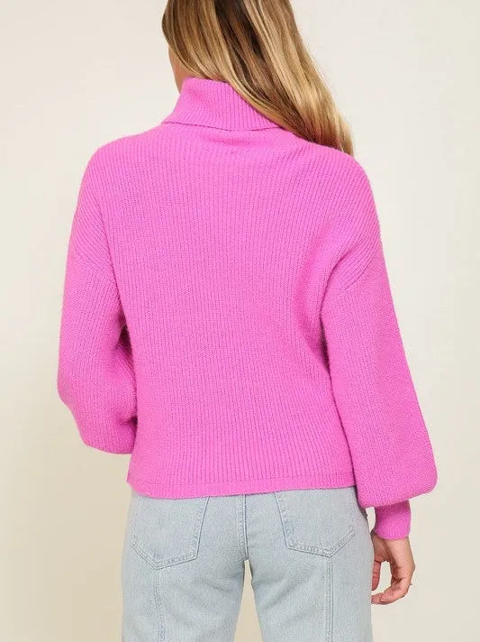 Fashion Fusion Rib Knit Turtleneck Sweater with Bishop Sleeves