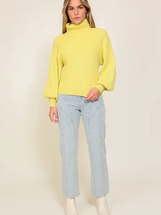 Fashion Fusion Rib Knit Turtleneck Sweater with Bishop Sleeves
