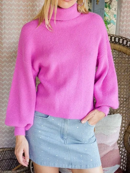 Fashion Fusion Rib Knit Turtleneck Sweater with Bishop Sleeves