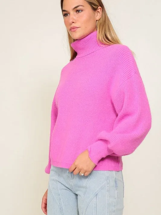 Fashion Fusion Rib Knit Turtleneck Sweater with Bishop Sleeves