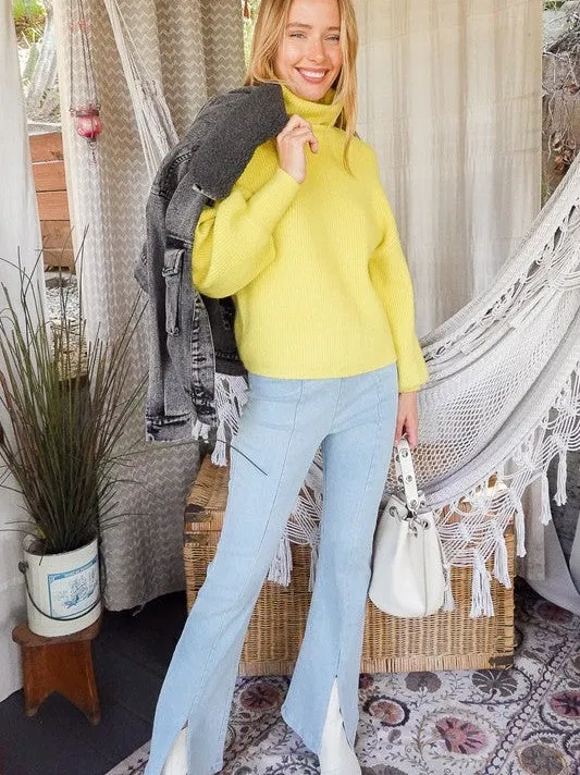 Fashion Fusion Rib Knit Turtleneck Sweater with Bishop Sleeves