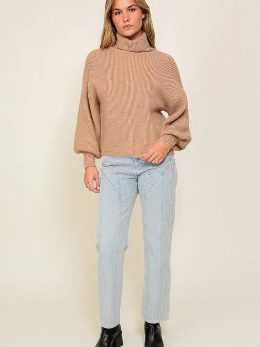 Fashion Fusion Rib Knit Turtleneck Sweater with Bishop Sleeves