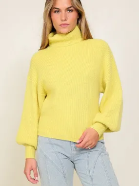 Fashion Fusion Rib Knit Turtleneck Sweater with Bishop Sleeves
