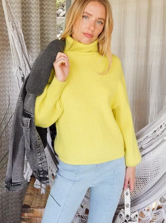 Fashion Fusion Rib Knit Turtleneck Sweater with Bishop Sleeves
