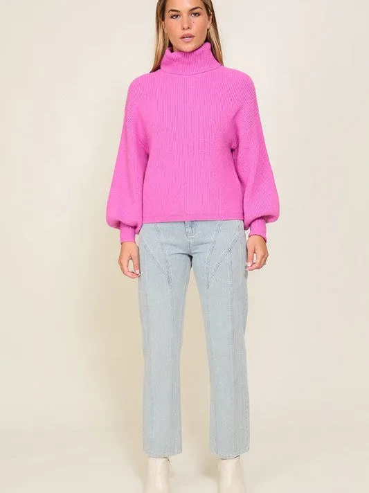 Fashion Fusion Rib Knit Turtleneck Sweater with Bishop Sleeves