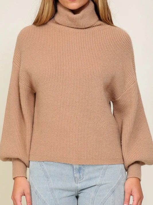 Fashion Fusion Rib Knit Turtleneck Sweater with Bishop Sleeves