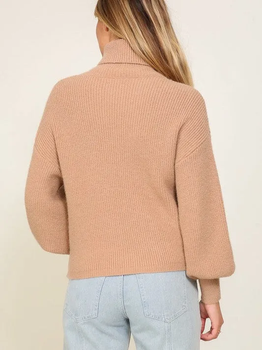 Fashion Fusion Rib Knit Turtleneck Sweater with Bishop Sleeves