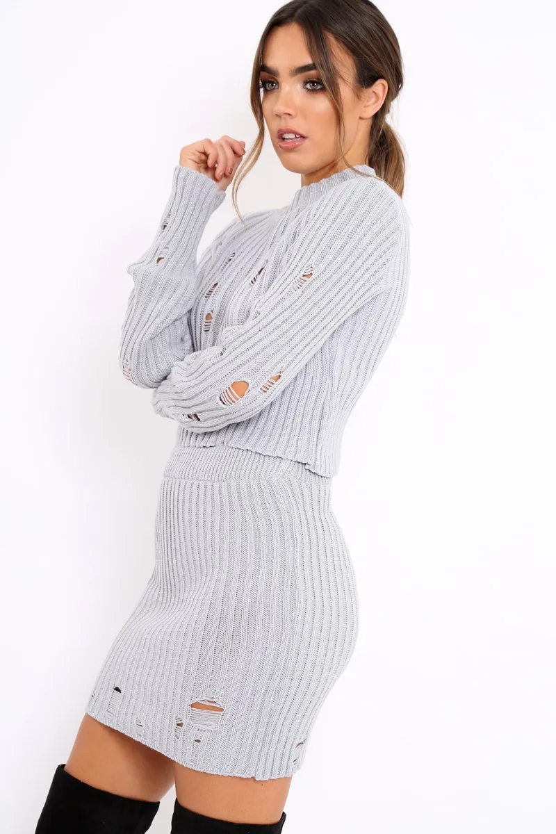 Grey Distressed Cable Knit Co-ord - Dayla