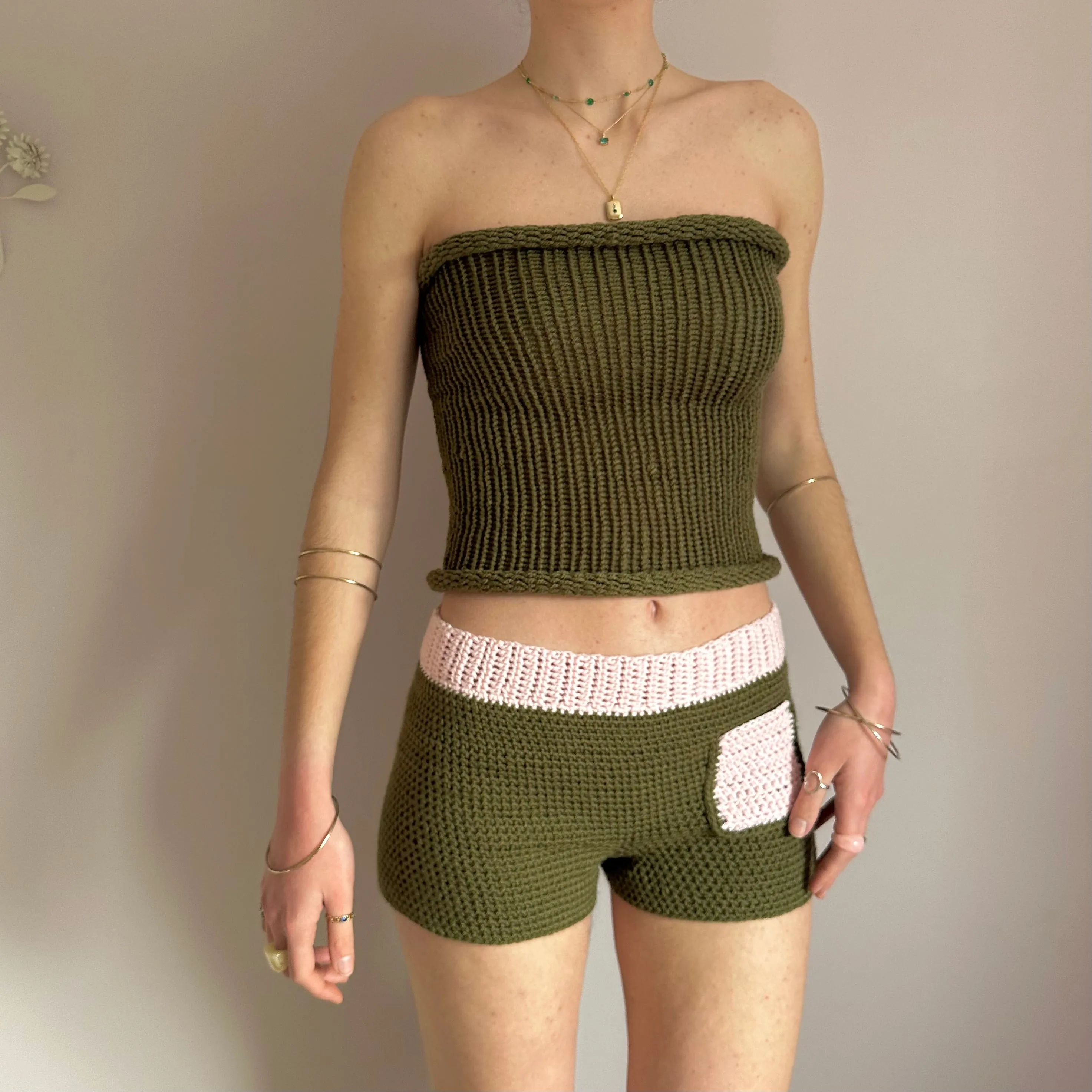 Handmade khaki green knitted bandeau top