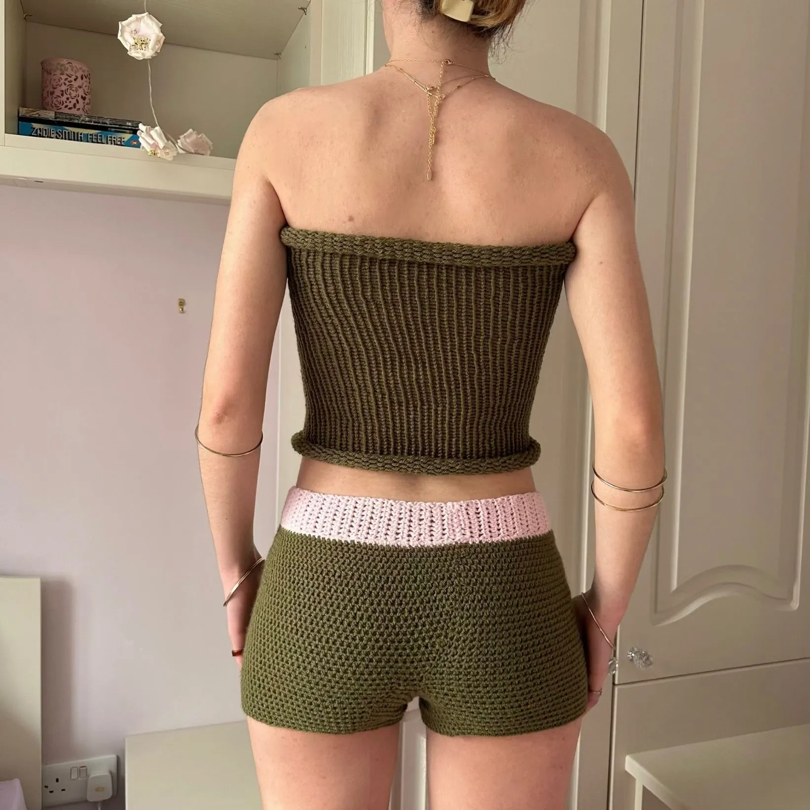 Handmade khaki green knitted bandeau top