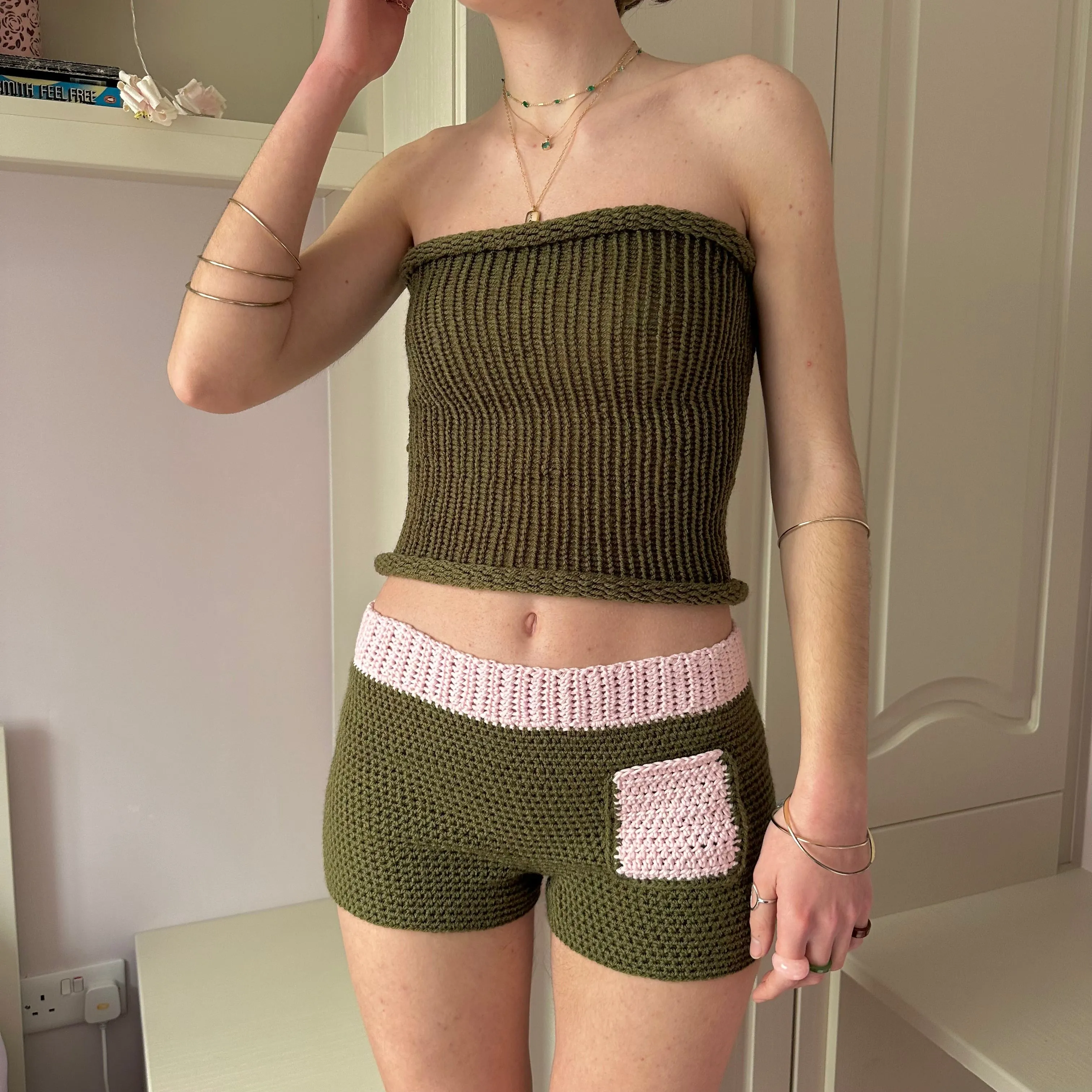 Handmade khaki green knitted bandeau top
