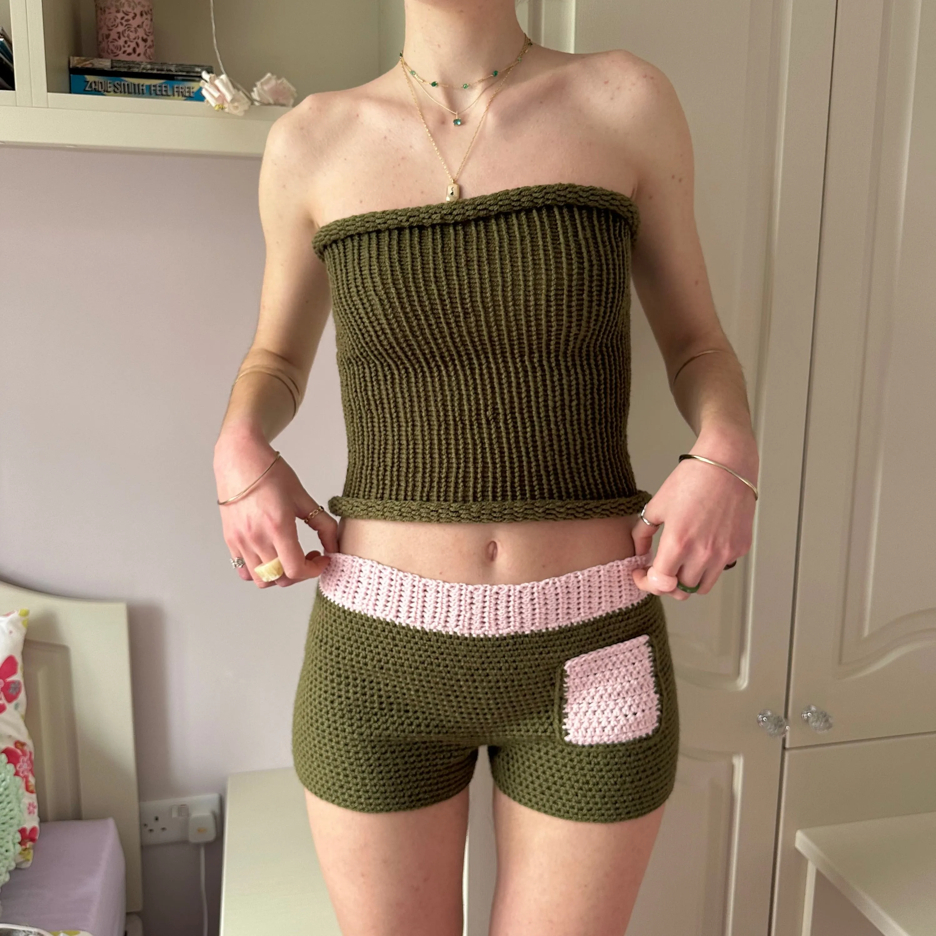 Handmade khaki green knitted bandeau top