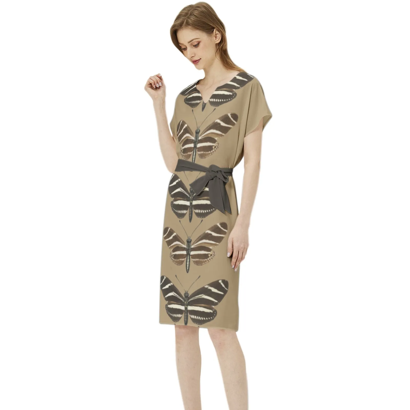 Heliconia Charitonia Batwing Sleeve Notch Neck Casual Dress with Belt