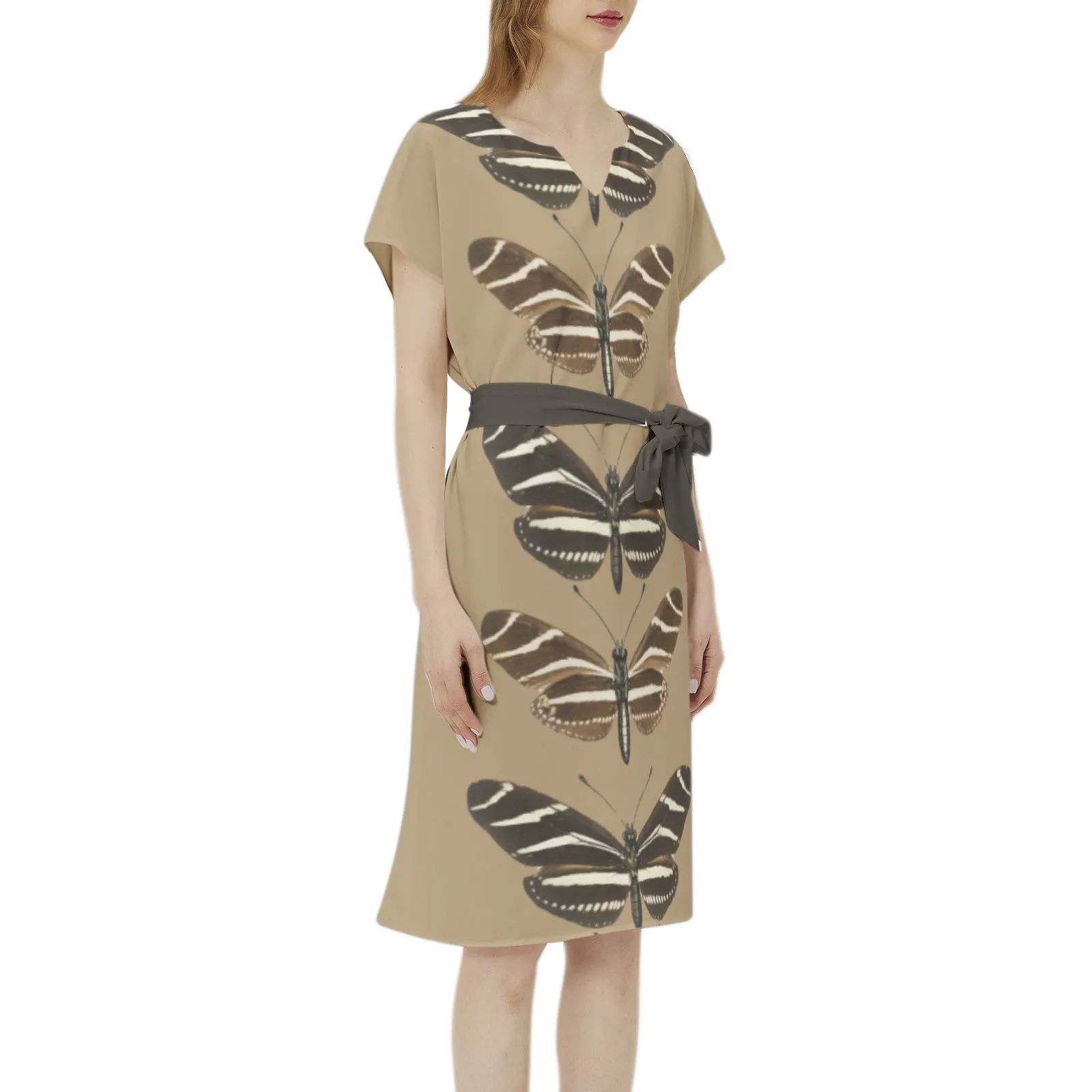 Heliconia Charitonia Batwing Sleeve Notch Neck Casual Dress with Belt
