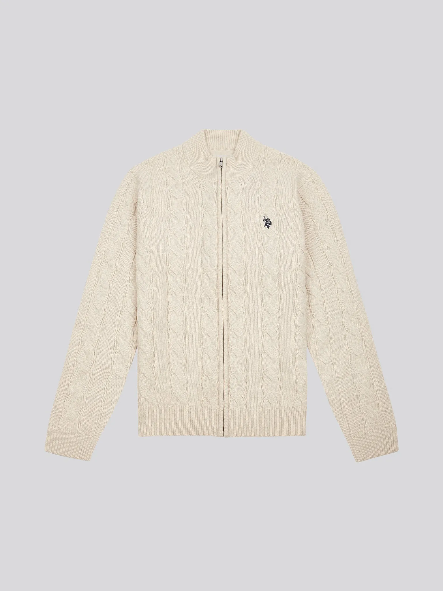 Mens Cable Knit Zip Funnel Neck in Birch Marl