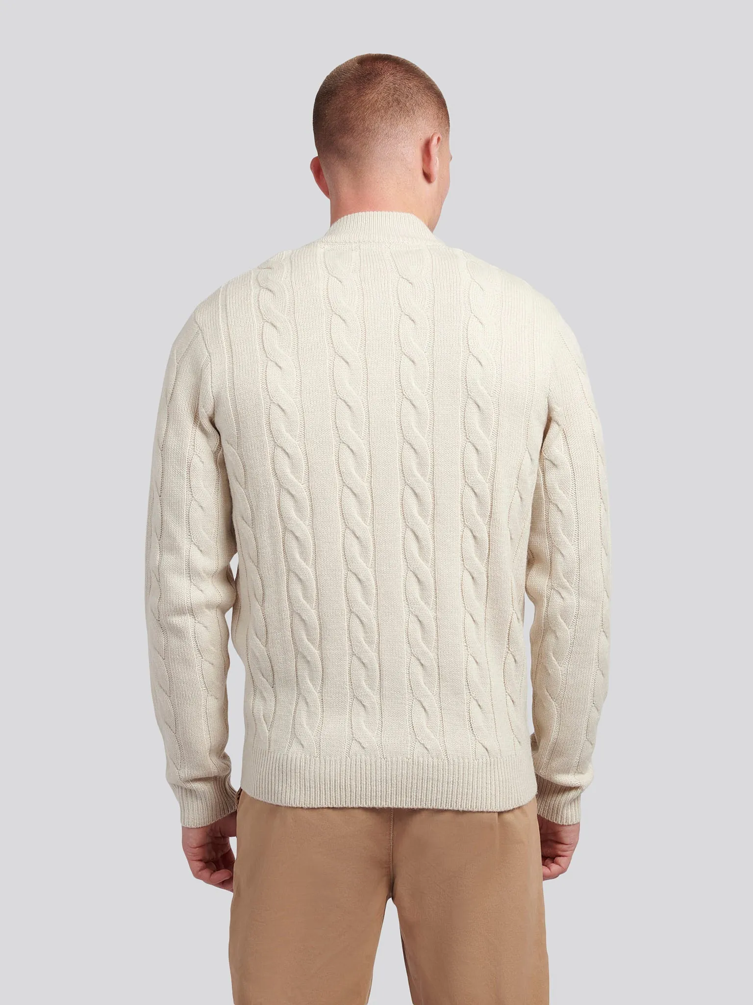 Mens Cable Knit Zip Funnel Neck in Birch Marl