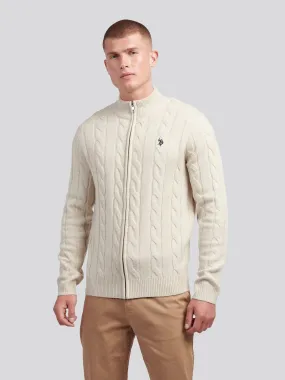 Mens Cable Knit Zip Funnel Neck in Birch Marl